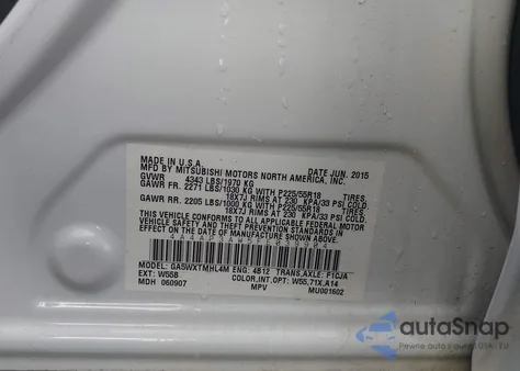 2015 Mitsubishi Outlander Sport Es из США, поврежденный, VIN 4A4AP3AW5FE039904